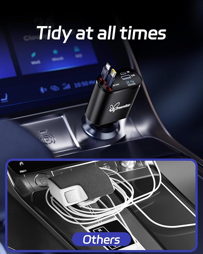 DreamBee Retractable Car Charger,66W 4 in 1 Super Fast Charge Car Phone Charger,Retractable Cables (31.5 inch) and 2 USB Ports Car Charger Adapter for iPhone 17/16/15/14/13/12 Pro Max XR,iPad,Samsung