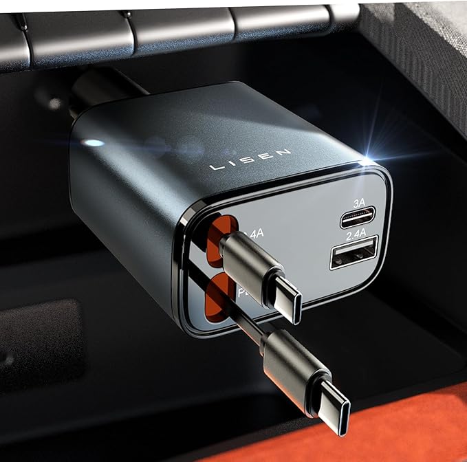 LISEN Retractable Car Charger, Dual USB C Retractable Cable Fast Car Adapter [84W Total] Travel Essential Car Accessories for Men Women, for iPhone 17 16 15 Pro Max, Samsung S26 S25 S24, Pixel, iPad