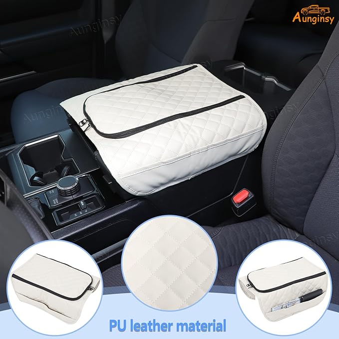 Center Console Armrest Cover Compatible with Toyota Tundra 2022+ Sequoia 2023+ Leather Middle Console Cushion Lid Pad Waterproof Anti-Scratch Armrest Seat Box Cover With Pocket Storage Bag Accessories