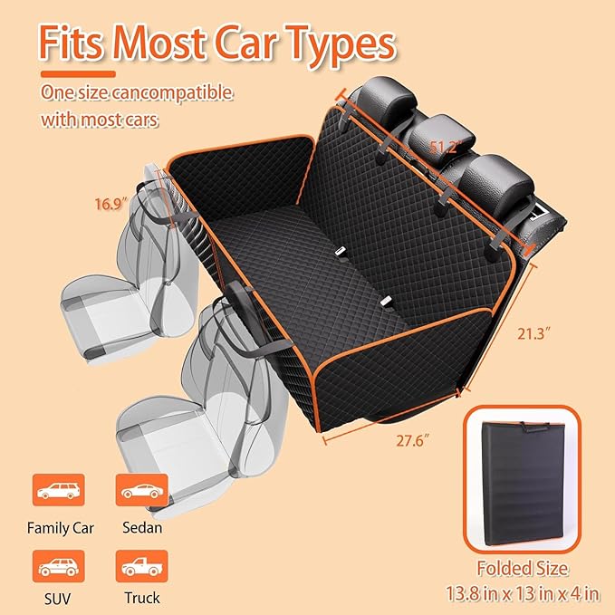 Back Seat Extender for Dogs - Large Space, Waterproof Hard-Bottom Dog Car Seat Cover for Back Seat, Holds 420lbs, Upgraded Material Waterproof Pet Car Bed Dog Hammock for Car, SUV(Gray Orange)
