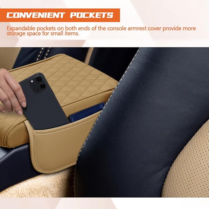 Car Center Console Cover, Napa Leather Car Armrest Cushion with Side Pockets, Memory Foam Auto Armrest Seat Box Mat, Universal Interior Armrest Protective Cover Accessories for Most Vehicle
