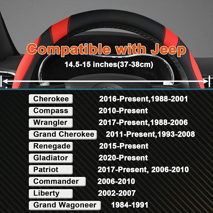 West Llama Customized Auto Car Steering Wheel Cover for Jeep 14.5-15 inches, Steering Wheel Cover for Jeep (Black+Red - Standard Size)