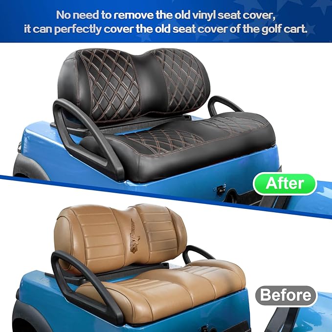 NOKINS Golf Cart P-P Diamond Leather seat Cover for it Club Car Precedent/Tempo/Onward Premium,No Stapler Required, Golf Cart Vinyl Replacement Seat Cover.Black&Brown Stitching