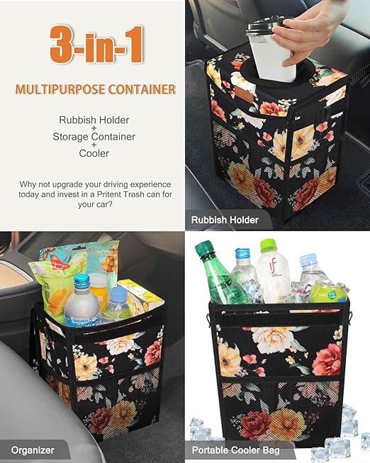 Pritent Car Trash Can with Lid, Cute Leakproof Car Trash Garbage Bag Hanging Vehicle Trash Bin Small Portable Automotive Garbage Cans Organizer for Back/Front Seat/Console(Trapezoid,Rose)