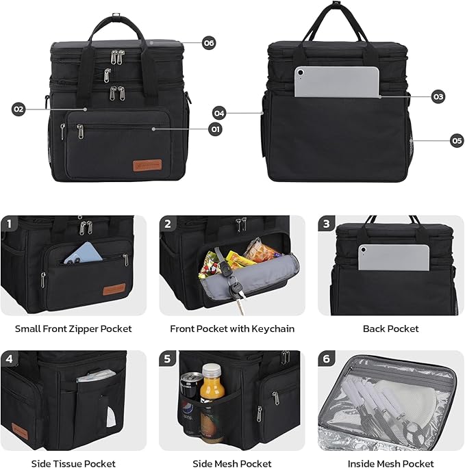 Maelstrom Lunch Box, 23L Insulated Lunch Bag, Expandable Double Deck Cooler Bag, Lightweight Leakproof Tote Bag With Side Tissue Pocket, Suit For Men and Women (A. Black)