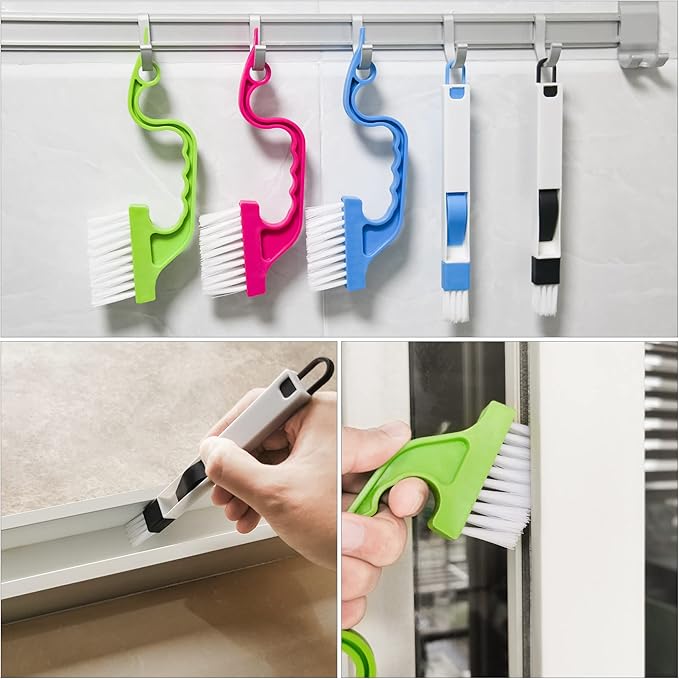 Window Track & Gap Cleaning Brush Set, 5 Pack Crevice and Groove Cleaner with 2 in 1 Brush and Mini Dustpan for Door Gaps, Blinds, Sliding Tracks and Kitchen Corners