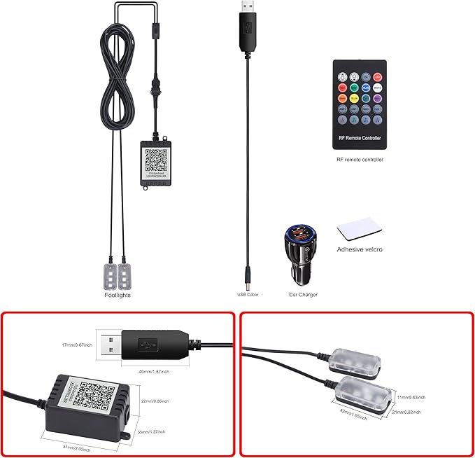 RGB Car Footwell Ambient Lighting Kit Car Charger + USB 16.7 Millions Colors Sound Active Music Sync APP Control + RF Remote Controller Car Interior Multicolored Footwell Atmosphere Light
