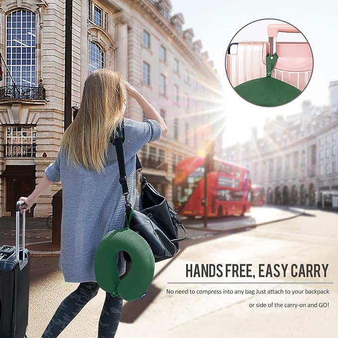 Neck Pillow for Travel Memory Foam - Travel Pillows for Sleeping Airplane with Attachable Snap Strap Soft Washable Cover, Flight Pillow for Traveling, Car, Provide Head Neck Support Dark Green