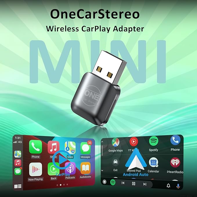OneCarStereo Mini Wireless CarPlay Android Auto Adapter, Plug & Play, 2026 Upgrade, Convert Wired CarPlay to Wireless for iOS 10+, Fast Stable 5.8GHz Wi-Fi USB Car Play Dongle