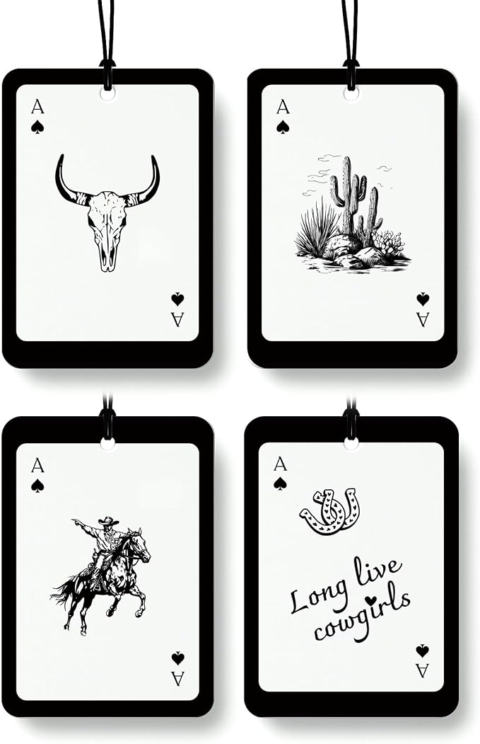 Vintage Western Car Air Freshener 4 Pcs, Long Live Cowgirls Cow Skull Cactus Ace Card Hanging Air Freshener for Cars Closet Drawer Books, Retro Western Car Accessories Mirror Decor for Women