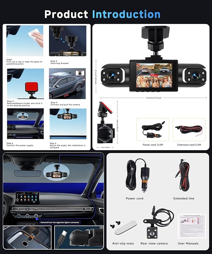 4 Channel 360° Dash Cam Front and Rear Inside Left Right, 2 Inch Dash Camera for Cars, Built-in Night Vision, Sensitive Motion Detection 24/7 Recording Parking Mode Monitor Reversing Help