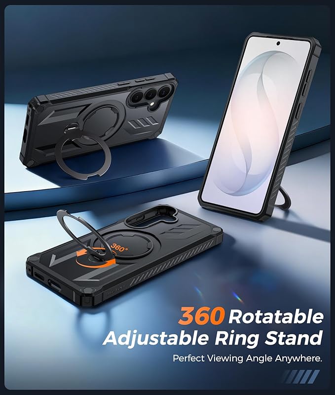 FNTCASE for Samsung Galaxy S26 Case: with [Magnetic Ring Kickstand] [Screen Protector] [Compatible with MagSafe] [Military-Grade Drop Protection] Dual-Layer Protective Textured TPU Phone Cover Black