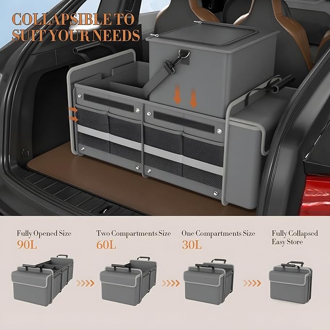 Large Trunk Organizer for SUV with Premium Portable Cooler Bag, Car Organizers and Storage with Foldable Cover, Collapsible Car Trunk Organizer for Truck, Adjustable Securing Straps, 90L+20L, Gray-C