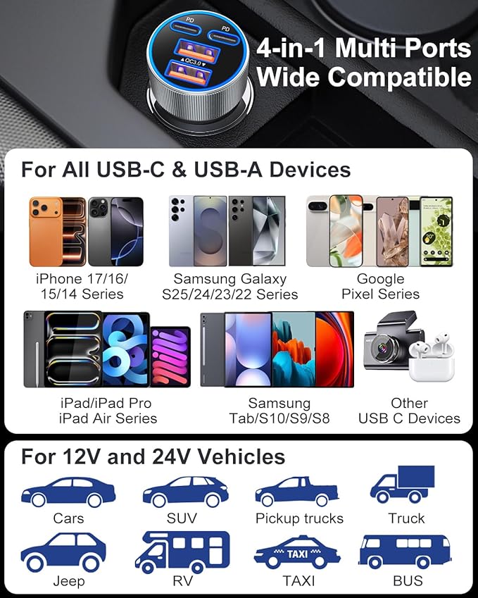 Car Charger USB C, 90W Multi Port Dual 12V Cigarette Lighter USB Charger QC 3.0/PD 45W Super Fast Charging Car Phone Charger Plug Adapter for iPhone 17 16e 15 14 13 12 Pro Max Pad Android(Gray)