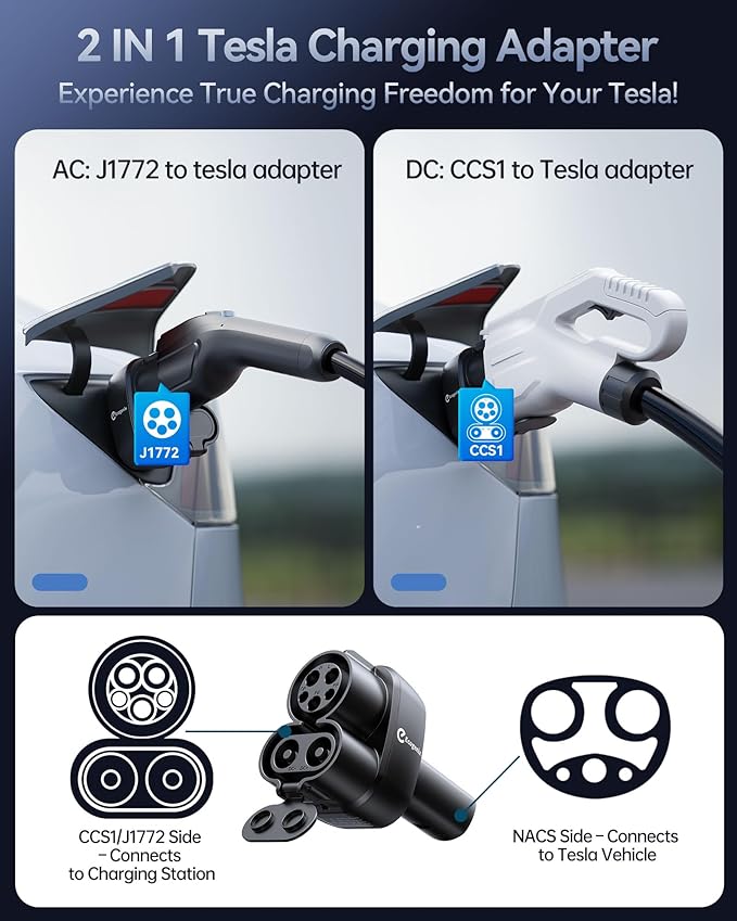 Ecogenix Upgraded 2In1 CCS & J1772 to Tesla Adapter, 250KW Fast CCS1 to Tesla Charging Adapter, ONLY Fit for Tesla Model Y, 3, S, X, Compatible with Level 1 2 3 Charging Stations with CCS1& J1772