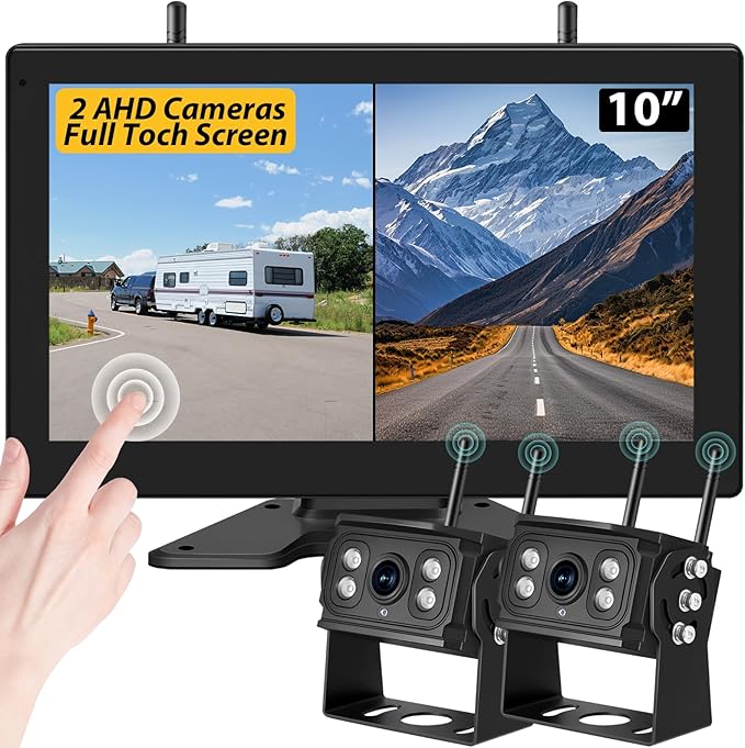 10'' Wireless Backup Camera System, 2 HD 1080P IP69 Waterproof Cameras with Large IPS Full Touch Screen 4 Channels Monitor, IR Night Vision Reverse Camera for RV Truck Trailer Camper
