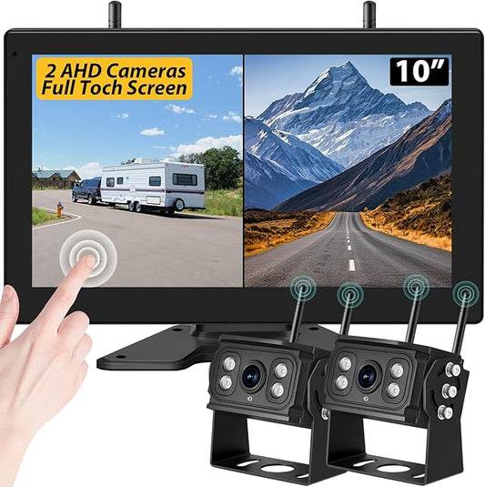 10'' Wireless Backup Camera System, 2 HD 1080P IP69 Waterproof Cameras with Large IPS Full Touch Screen 4 Channels Monitor, IR Night Vision Reverse Camera for RV Truck Trailer Camper