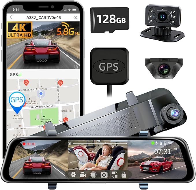 L09 12" 4K Mirror Dash Cam and Backup Camera with Front and Rear Dual Cameras, Built-in GPS, Wi-Fi, Loop Recording, G-Sensor, WDR, and HDR Night Vision, Includes 128GB Memory Card