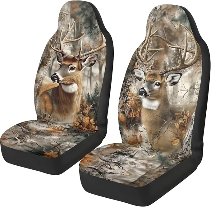 Camouflage Hunting Deer Car Seat Covers for Front Seat Breathable Car Seat Cover Protection Interior Accessories Easy to Install and Clean Universal for Cars SUV