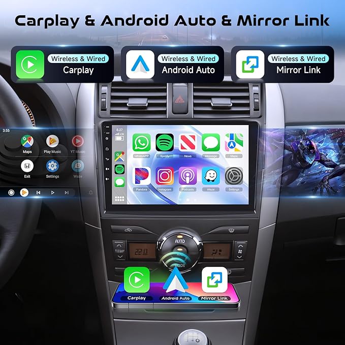 8-Core 4G+64G Qual-comm Snapdragon chip Car Radio for Toyota Corolla 2009-2013, Rimoody Car Stereo Carplay Android Auto 3D car Model Display GPS WiFi 9 Inch IPS Touchscreen Mirror Link Camera