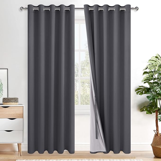 XWZO 100% Blackout Curtain Panels - Thermal Insulated Black Liner Curtains, Noise Reducing and Heat Blocking Drapes for Hall and Studio Windows with Tiebacks, Dark Grey, W60 x L84, Set of 2