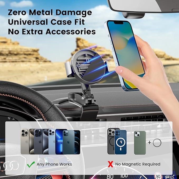 Phone Clamp for Magnetic Car Phone Holder, Aviation Aluminum Grey - No Magnetic Case & Rings Needed, Enhanced Suction & Magnetic, Compatible with All Magnetic Holders