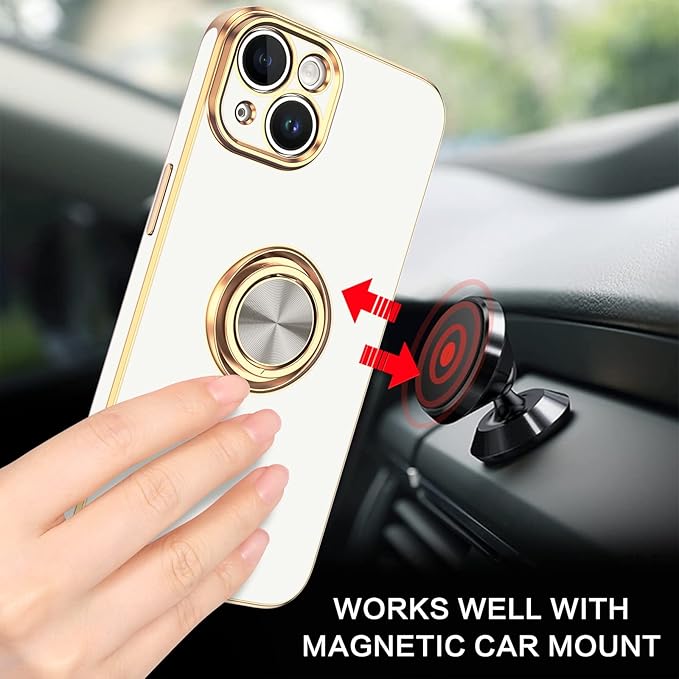 VENINGO iPhone 14 Case,Phone Cases for iPhone 14,Slim Fit Soft 360° Ring Holder Kickstand Magnetic Car Mount Supported Easy Clean Shockproof Protective Cover for Apple iPhone 14 6.1" 2022,White/Golden