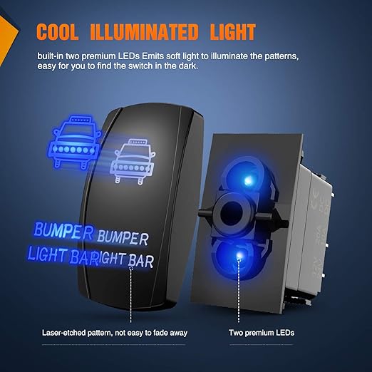 Nilight 90004B Bumper Light Bar Rocker Switch Led Light Bar 5 Pin Laser On/Off Switch 20A/12V 10A/24V Switch Jumper Wires Set