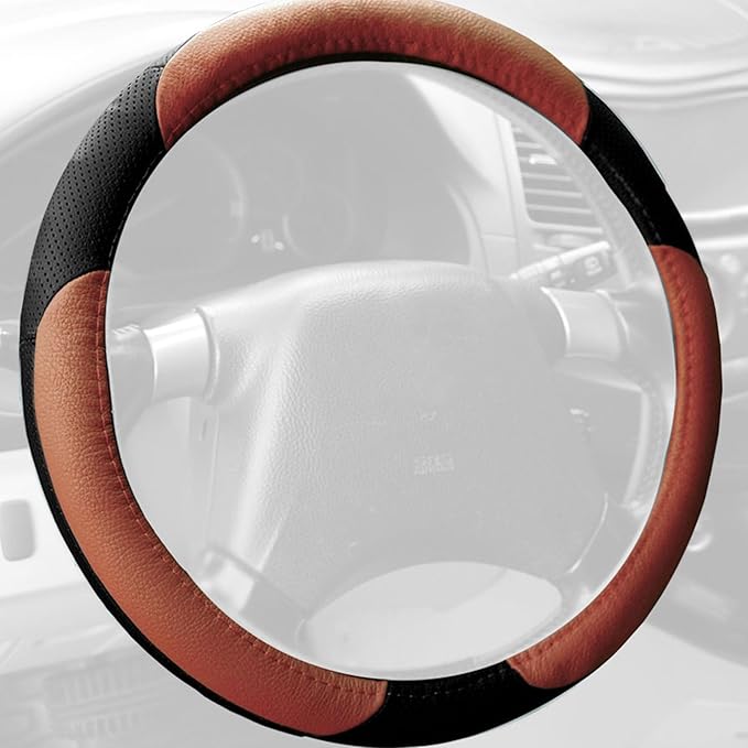 FH Group Universal Fit Perforated Genuine Leather Steering Wheel Cover Fits Most Cars, SUVs, and Brown