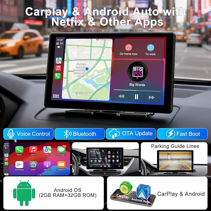 9" Upgraded Wireless Carplay Screen for Car, Built-in Apps Net-Flix YouTube Tiktok, Portable AI Magic Box for Apple Car Play & Android Auto Screen with HD Backup Camera, Voice Assistant, OTA Updates