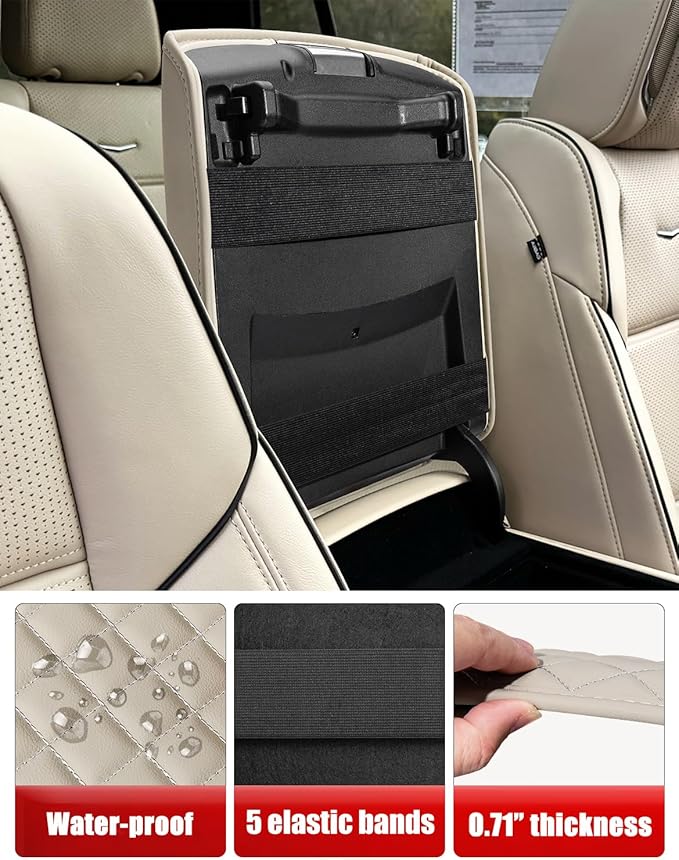 KBH Center Console Armrest Cushion Cover for Cadillac Escalade 2021 2022 2023 2024 2025 2026, Arm Rest Lid Protector, Vinyl Leather Trim, Anti-Scratch, Whisper Light Beige