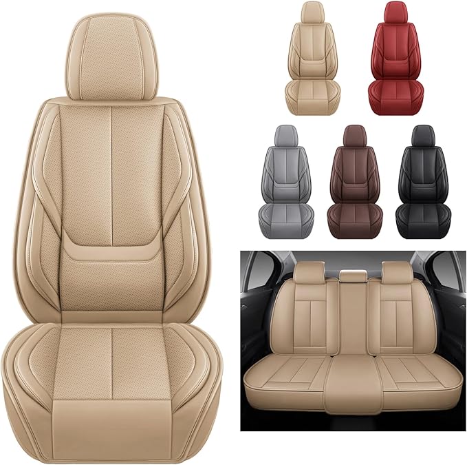 Car Seat Covers Full Set,Black Beige Car Seat Cover, Car Seat Protector Waterproof, Nappa Leather Car Seat Cushion, Fit for Most Cars