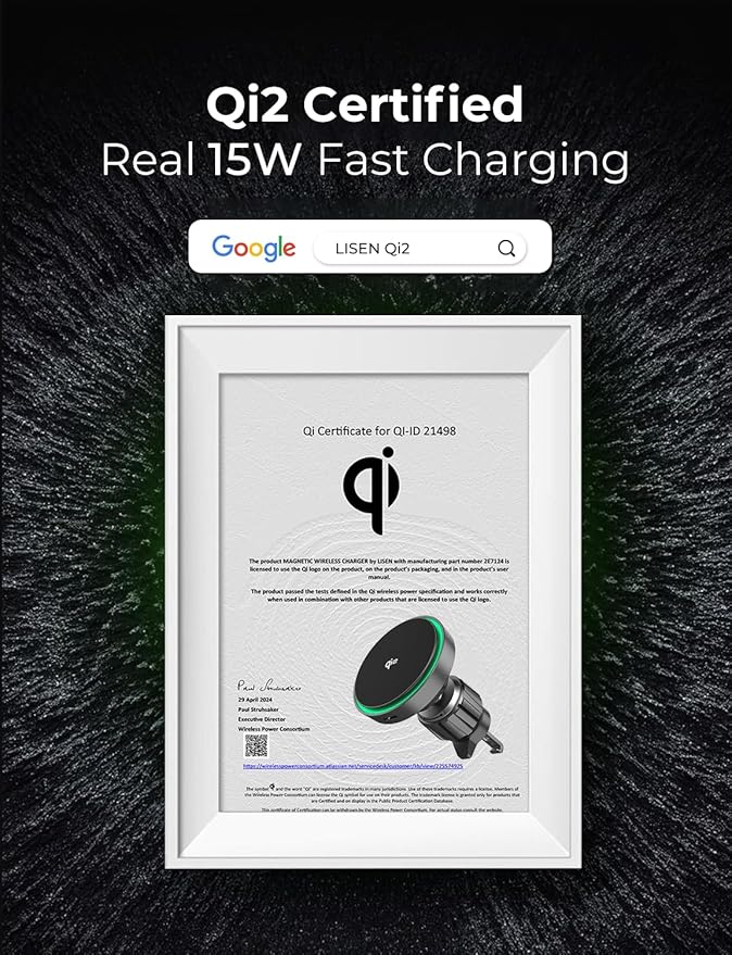 LISEN for Qi2 15W MagSafe Car Mount Charger, Super Fast Magnetic Wireless Car Charger ＆ Air Vent/Dashboard Magsafe Charger Car Mount，Qi2 MagSafe Charger Fits iPhone 16 Pro Max Plus 15 14 13 12