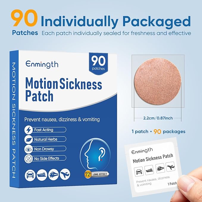 90ct Motion Sickness Patches Non Drowsy Sea Sickness Patches for Cruise Travel Essentials, Hydrocolloid Patch Behind Ear for Car Airplane Ship Road Trip Altitude Sickness, Fast Acting & Lasts 72 Hours