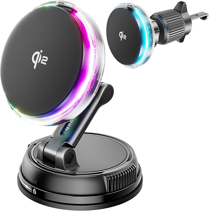 for Qi2 15W MagSafe Car Mount Charger with Cooling Fan, [Rapid Charging Cooler with RGB Lights], 78+LBS Stronger Suction Wireless Magnetic Mount on Vent/Dash/Windshield, for iPhone 17 16 15 14 13 12
