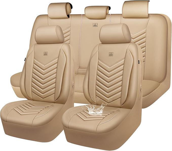 CAR PASS 3D Foam Faux Leather Car Seat Covers Full Set,Waterproof Tan Leather Seat Cover for Cars,Luxury Universal Fit Anti-Slip for SUV Truck Sedan Automotive,Armrest Airbag Compatible,All Beige