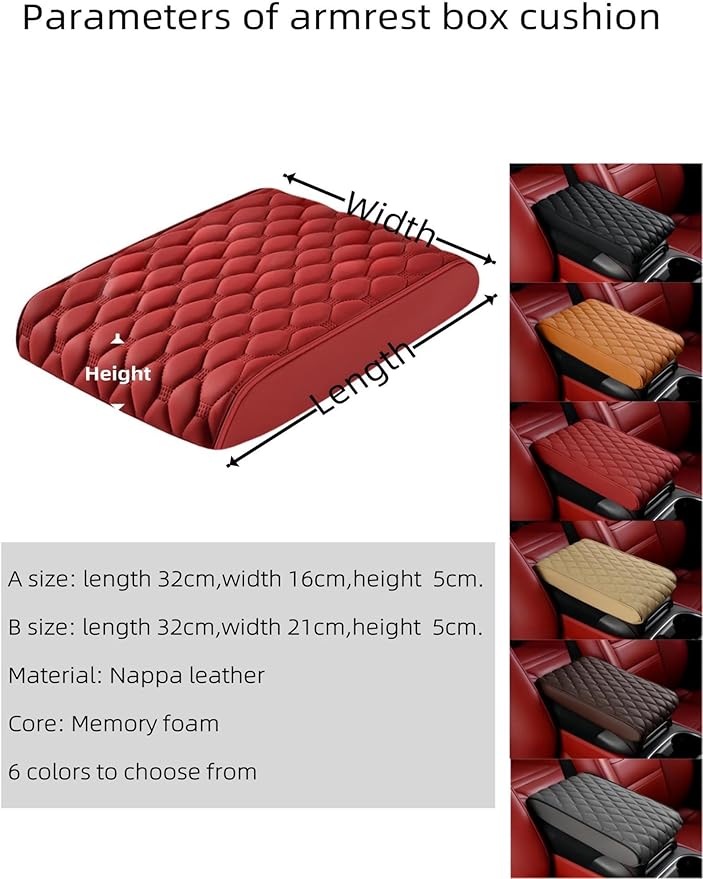 Car Leather Waterproof Center Console Seat Arm Rest Cover Auto Memory Foam Cotton Height Armrest Box Pad, 6 Colors, 2 Sizes (Black, 12.6"x6.3"x2")
