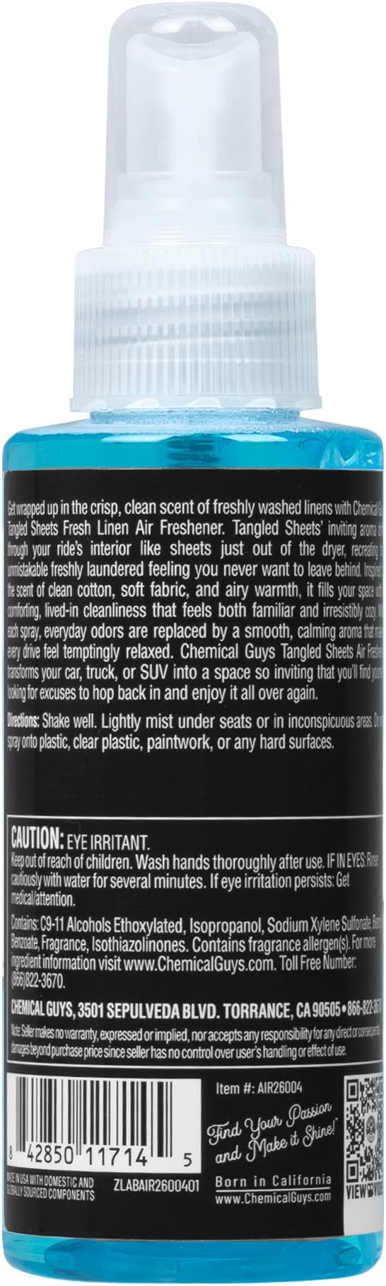 Chemical Guys Tangled Sheets Fresh Linen Scent Air Freshener Spray and Odor Eliminator, Clean Fabric Inspired Spray for Home, Office, Bathroom, Dorm, and Car Interior - 4 Fl Oz