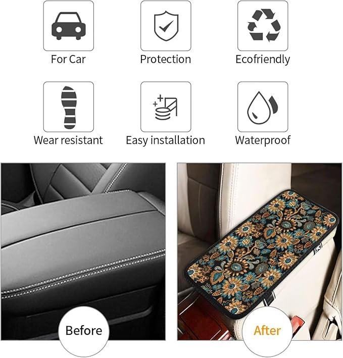 Center Console Cover Boho Flower Scratch Resistance Armrest Cover Protect Pad Car Accessories Hippie Sunflower Armrest Cushion Pad Seat Box Cover Protector
