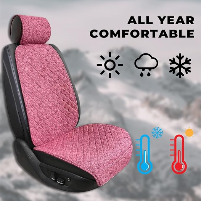 2PCS Linen Car Seat Covers Front Seats,Breathable Cloth Fabric Car Seat Protector - Universal Cloth Seat Covers Fit for Cars, Vans, SUVs, Trucks and for All Seasons - Pink