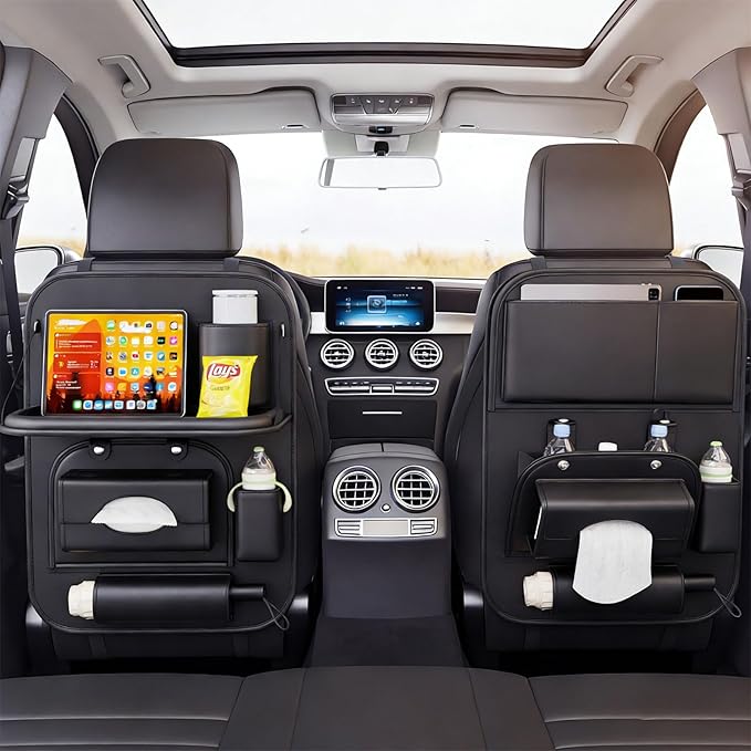 Universal Premium Leather Foldable Car Backseat Organizer with Table Tray, Car Seat Back Protector with Garbage Bag Touch Screen Pad Holder, Car Kick Mats Protector with Tissue Holder (Black)