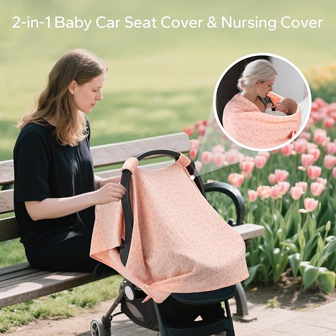 SERAPHY 2-in-1 Muslin Baby Car Seat Cover & Nursing Cover, Soft Lightweight Breastfeeding Cover for Boys and Girls,Breathable Canopy for Infant Carseat & Stroller for Summer—Love