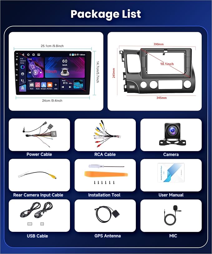4G 64G Car Stereo for Honda Civic 2006-2011 Radio with 10.1inch 1280x720 IPS Touch Screen AI Radio DSP 36EQ Wireless Carplay Android Auto Bluetooth 5.0 GPS FM/RDS WiFi MirrorLink AHD Backup Camera