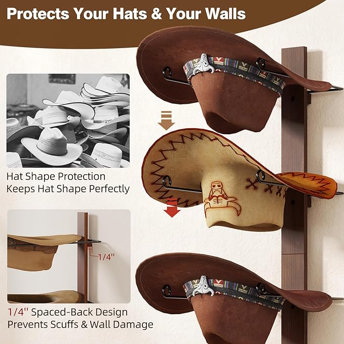 Cowboy Hat Holder, 3-Piece Wall Mount Cowboy Hat Rack for Wall Holds up to 6 Hats – Wooden + Metal Rustic Western DIY Hat Racks for Wall Storage and Home Décor