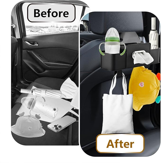 4-in-1 Back Seat Car Organizer with Extra Large Capacity, 2 Cup Holders, Tissue Box Dispenser & Storage Hook for Phone, Snacks, Toys(Black)