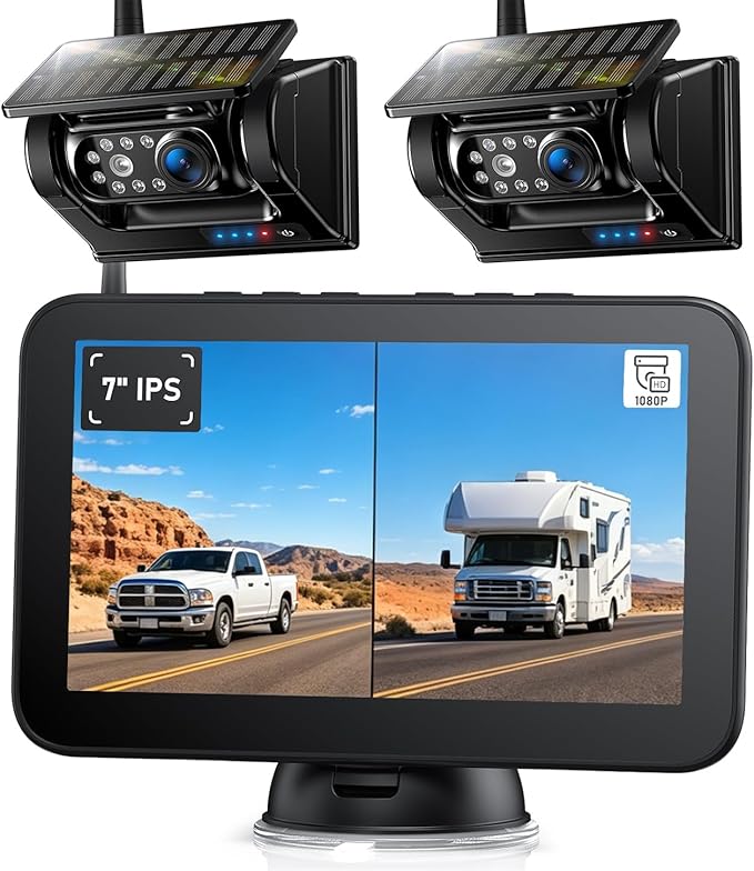 7" Magnetic Solar Wireless Backup Camera System, HD1080P Loop Recording 7 Inch Monitor with Dual RV Backup Cameras Wireless System for Hitch Towing Travel RV Trailer Tractor Truck, BD702