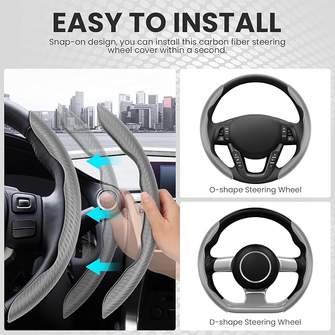 GSPSCN Universal Car Carbon Fiber Steering Wheel Cover Anti-Skid,Butterfly Steering Wheel Cover,Non-Slip Segmented Steering Wheel Protector,Fit for 99% Cars,Car Interior Accessories (Gray)