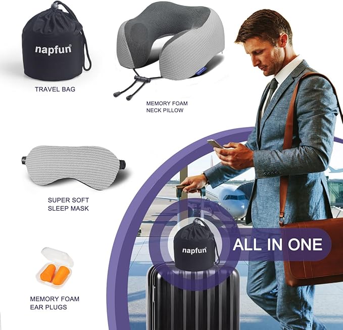 napfun Neck Pillow for Traveling, Upgraded Travel Neck Pillow for Airplane 100% Pure Memory Foam Travel Pillow for Flight Headrest Sleep, Portable Plane Accessories, Light Gray Striped Kit