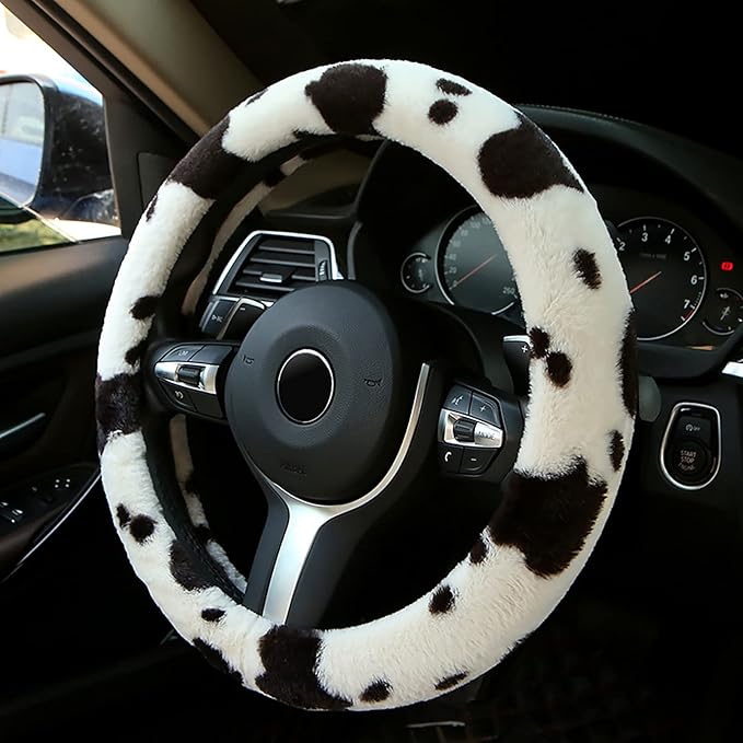 ALEMODR Plush Cow Print Steering Wheel Cover Fluffy Winter Warm Universal 15 inch for Women Girls