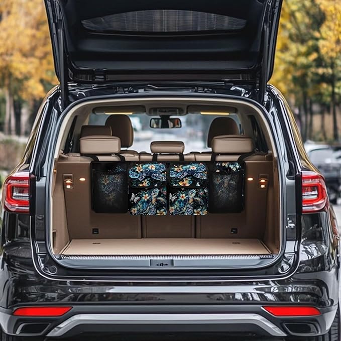 Waterproof Car Trunk Organizer Plumeria Turtles with 4 Compartments Auto Hanging Seat Back Storage Large Capacity Multipurpose Cargo Accessory